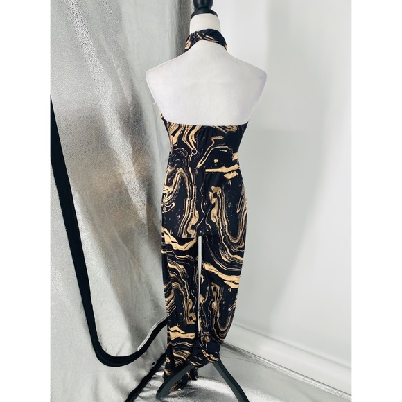 Marble Print Sleeveless Halter Neck Open Back Wide Leg Jumpsuit - Picture 14 of 17